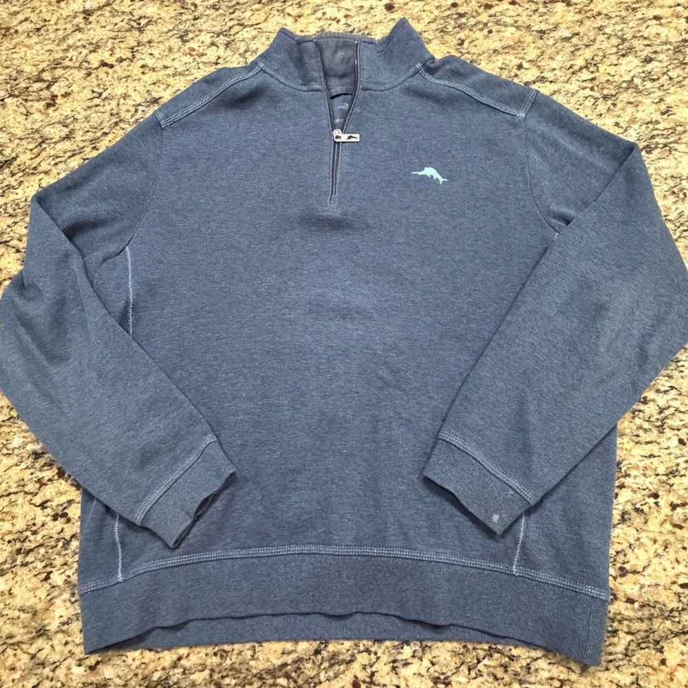 Tommy Bahama Mens Medium Blue Heather Quarter Zip‎ Pullover Marlin Logo Sweater